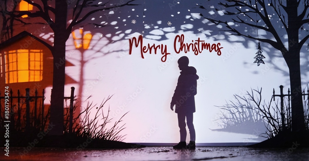 Fototapeta premium Silhouette stands before warmly lit house. Snow falls gently. Festive greeting visible, creating winter scene. Peaceful, quiet moment.
