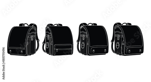 Four black school bag icons, simple design