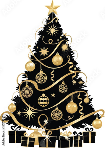 Black christmas tree with gold ornaments and gifts isolated on white background