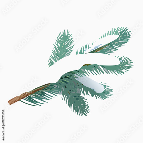 Realistic 3D snow-covered pine branch, detailed needles and frost,