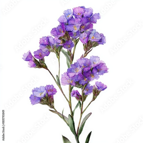 Fototapeta Naklejka Na Ścianę i Meble -  A watercolor painting of a small bunch of purple statice flowers (Limonium). Isolated botanical element on a white background. Represents longevity or dried flowers.