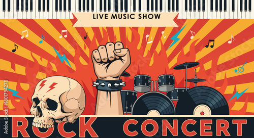 Vintage style rock concert banner illustration featuring a human skull, a raised fist, and a drum kit for a live music event flyer