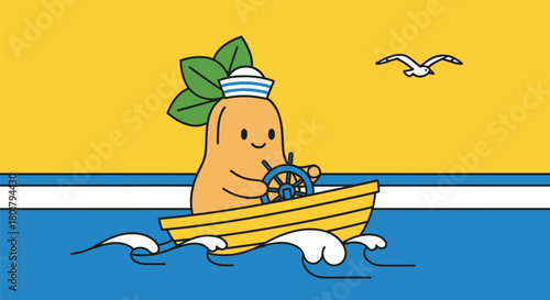 Whimsical potato character with sailor hat steers a boat on a sunny ocean voyage