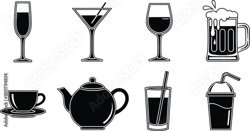 Collection of diverse drinkware and beverage containers, from sophisticated glasses to casual cups and mugs.