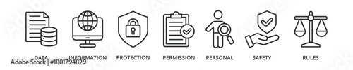 Data protection banner icon with data, information, protection, permission, personal, safety, rules