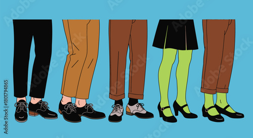 Diverse legs and feet in stylish footwear showcase individuality and fashion sense