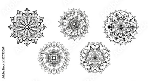 Collection of five hand drawn mandala designs