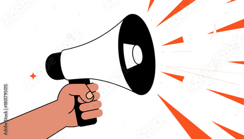 Hand Holding Megaphone with Sound Waves and Stars