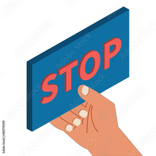 Hand Holding Blue Stop Sign in 3D Style