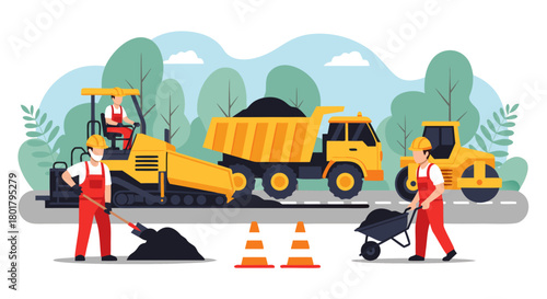 Road construction workers operating heavy machinery, including a paver, dump truck, and roller, on a street under a clear sky