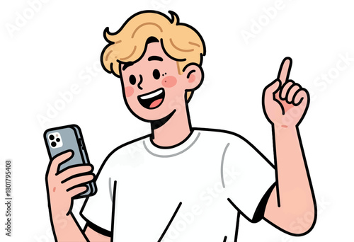 Joyful young man holding a smartphone with finger up