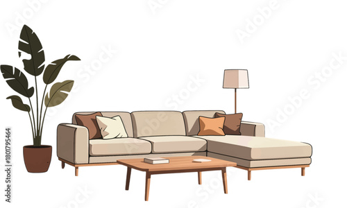 Modern Sectional Sofa with Coffee Table and Lamp