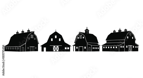Four barns in a row, black silhouettes