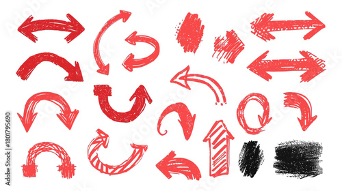 Collection of hand-drawn red arrows in various shapes and directions.
