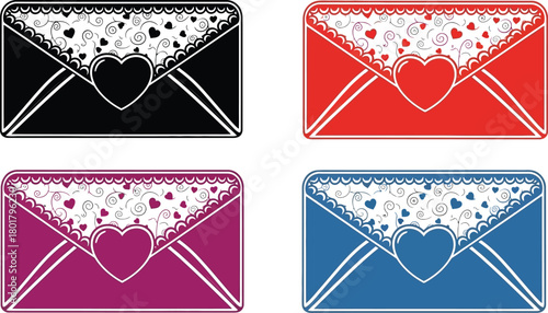 Four decorative envelopes with heart designs for love letters and special occasions.