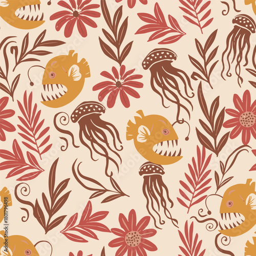 Spooky seamless vector pattern featuring stylized anglerfish, jellyfish, and dark red brown seaweed on a cream background. Perfect for fabric and textile design.