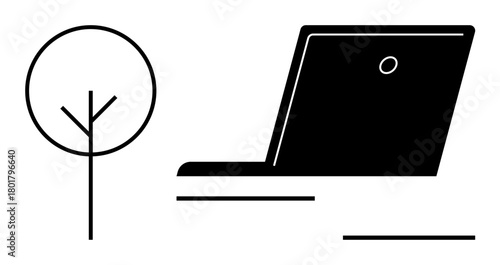 Black silhouette of a laptop beside a tree, symbolizing harmony between technology and nature. Ideal for sustainability, eco-friendly tech, remote work, digital nomadism, simplicity, balance