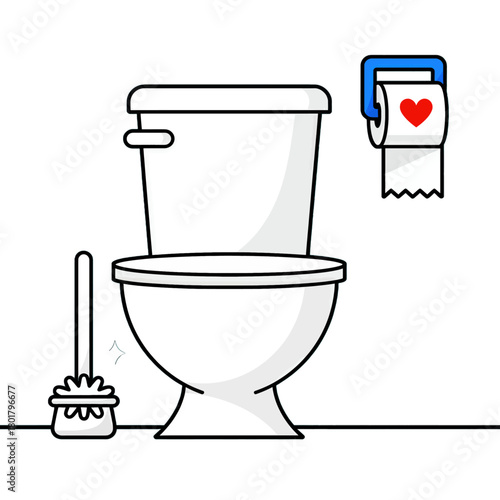 Vector Illustration of Clean White Toilet with Toilet Brush and Roll