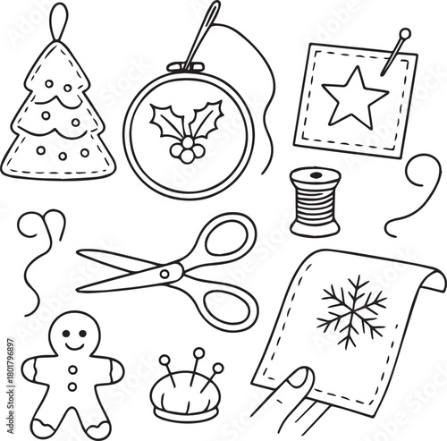 Black-and-white coloring page with separate handmade Christmas crafting elements: felt tree, gingerbread man, embroidery hoop, yarn, thread, scissors, buttons and small fabric ornaments on a transpare
