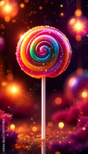  Rainbow swirl lollipop in a magical, glittering style with vibrant colors representing fantasy and celebration against a dark, sparkling background with copy space