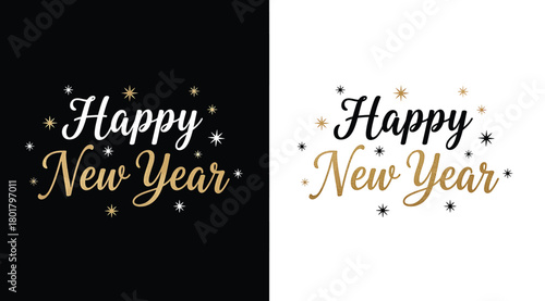 Happy new year text in elegant script font, presented in two versions one on a and the other on a, with sparkling stars and confetti accents, perfect for festive greetings and celebrations
