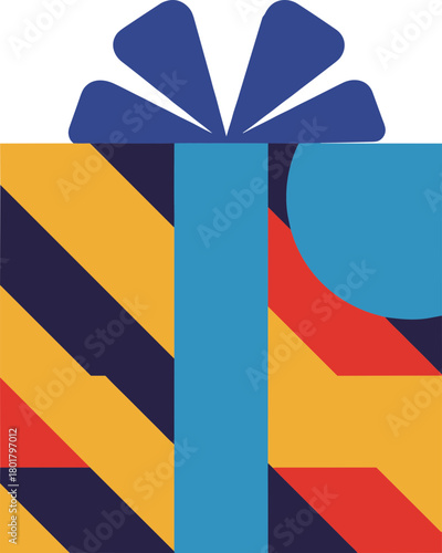 Colorful gift box with a blue ribbon and bow, displayed on a vibrant striped background with red, yellow, and blue colors, isolated on a transparent background.