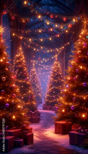 Magical Christmas trees glowing with festive lights and ornaments against a snowy, enchanted cathedral aisle with copy space