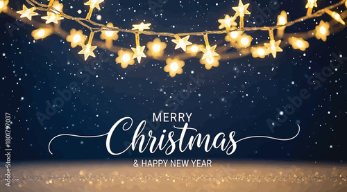 Merry Christmas and Happy New Year Greeting Card or Banner with Glowing Star String Lights on a Dark Blue Glitter and Bokeh Background.