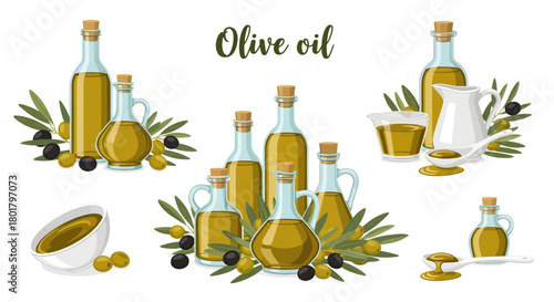 A vector set of olive oil illustrations featuring glass bottles, jugs, a bowl, and fresh olive branches with green and black olives, isolated on a white background