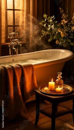 Steam rising from a vintage bathtub against a warmly lit, cozy bathroom with flickering candles and fresh flowers