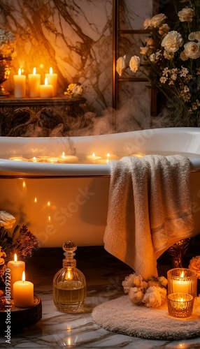 Steamy bathtub filled with floating candles against a luxurious marble bathroom backdrop with soft towels and elegant flowers