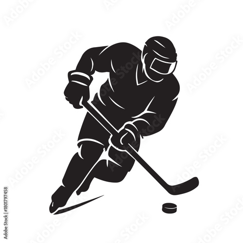 Ice hockey player silhouette with puck and stick vector