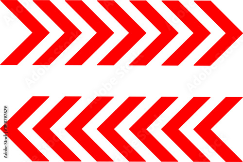 Red chevron arrows in two rows pointing opposite directions, symbolizing motion, navigation, and progress in a bold modern graphic on a clean white background.
