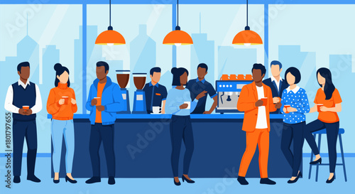 Diverse group of people socializing and enjoying beverages at a coffee shop or cafe, vector illustration