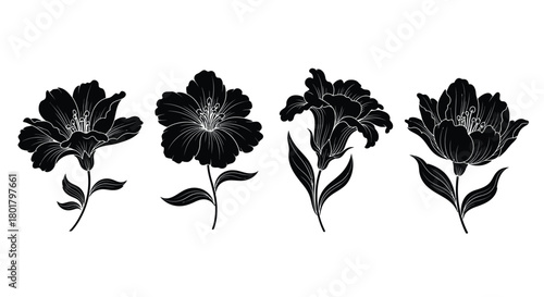 Four black flower illustrations with different angles