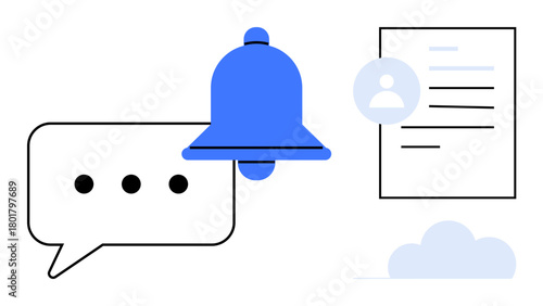 Bell icon, speech bubble, user profile, document, and cloud integration represent notifications, collaboration, and productivity. Ideal for communication, reminders teamwork planning
