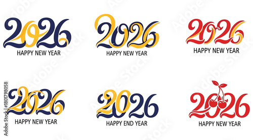Collection of six different artistic typography designs for the year 2026, celebrating happy new year and happy end year, with some featuring cherry illustrations, all isolated on a