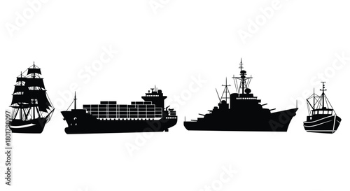 Silhouette of various ships in a row