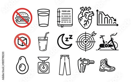 Weight Loss Outline Icons Set Diet Fitness Health Line Art