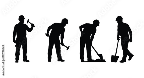 Four construction workers in silhouette style