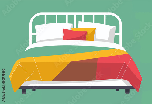 Bed with colorful blankets, flat design, isolated on green
