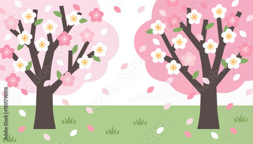 Blooming cherry blossom trees, flat design, spring landscape