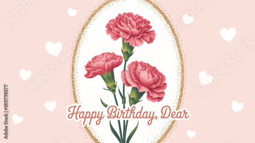A birthday card with carnations in a frame isolated on