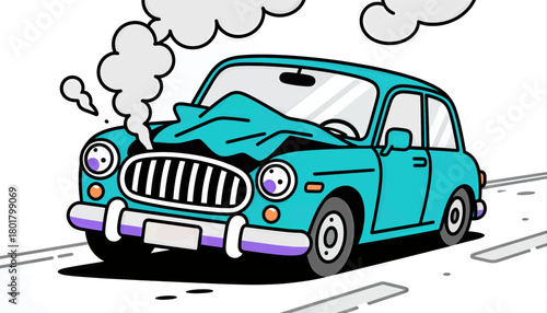 Broken car in crash, cartoon style, smoke and damage