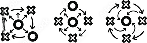 Abstract diagrams illustrating interconnectedness and data flow with circles and crosses