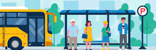 Bus stop scene with people waiting, flat illustration, urban setting
