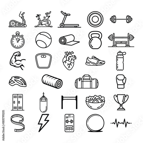 Fitness and Gym Outline Icons Set Exercise Equipment Line Art