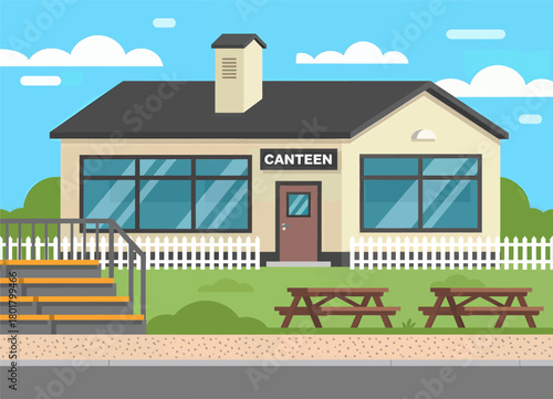 Canteen building illustration, flat design, outdoor scene