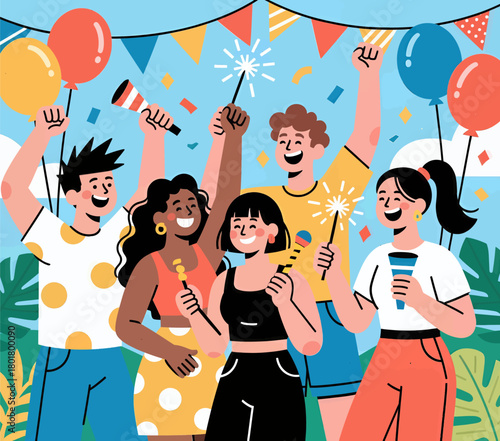 Cheerful group of friends celebrating at vibrant outdoor party, colorful vector illustration