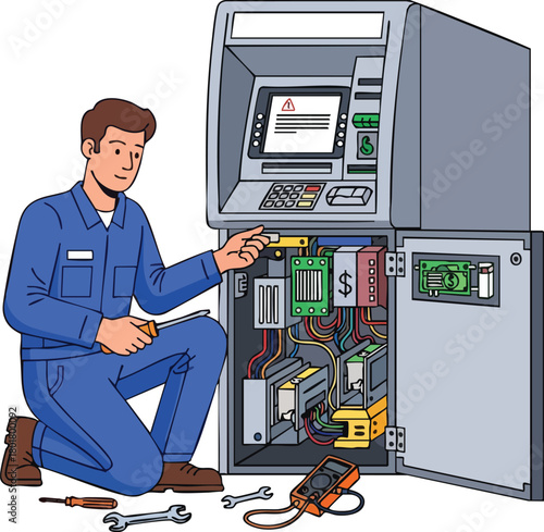 A technician in blue overalls kneels beside an open bank ATM machine with exposed internal components and tools scattered around him.